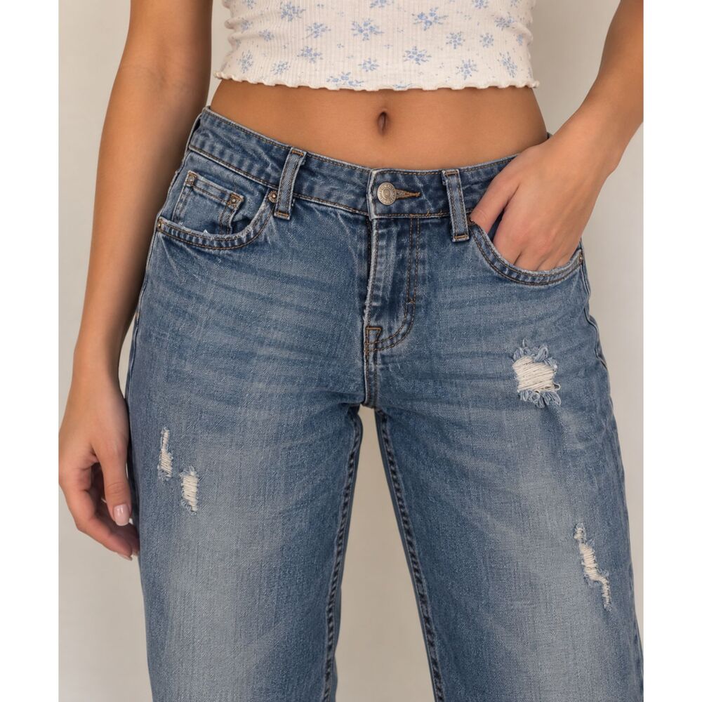 RISEN Light Wash Distressed Raw Hem Jeans